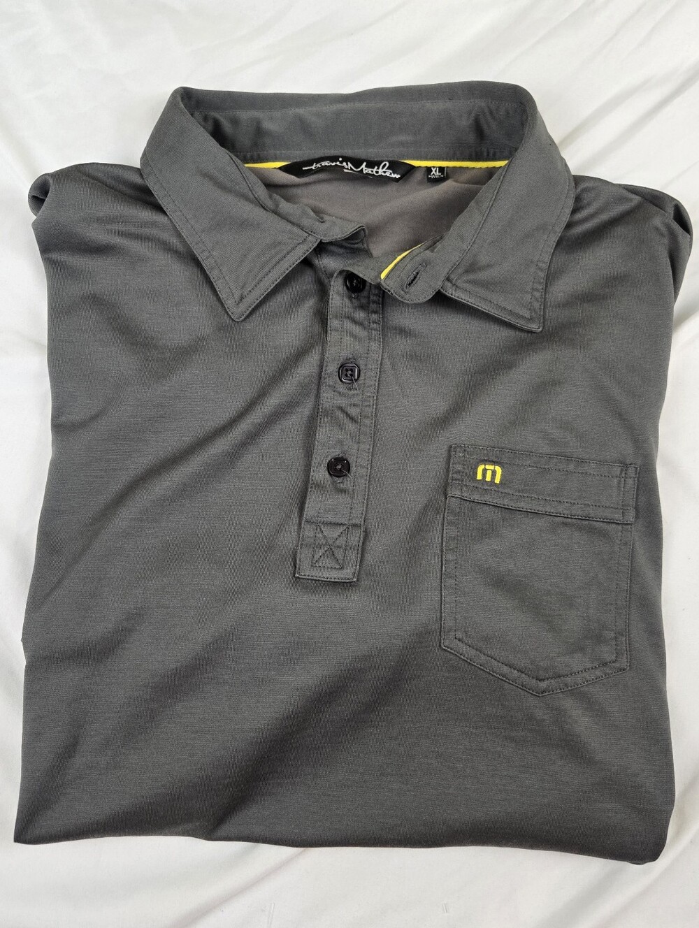 TravisMathew Men's XL Gray Polo Shirt Pima Cotton Golf Pocket Yellow Accent Peru